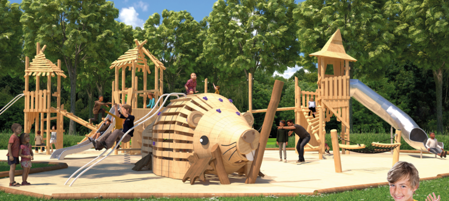 Een ontwerpafbeelding van het speelterrein voor de grotere kinderen. Een ontwerpafbeelding van het speelterrein voor de grotere kinderen.